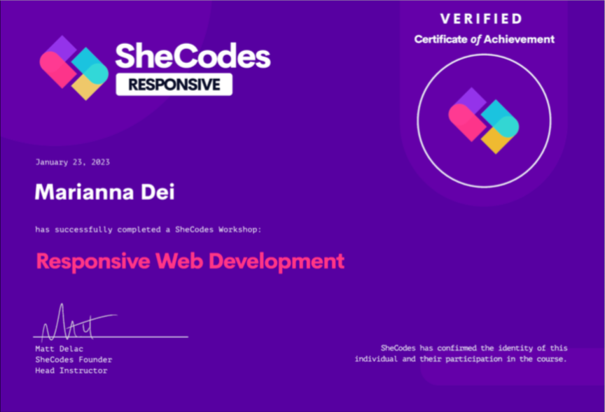 SheCodes Responsive certificate preview